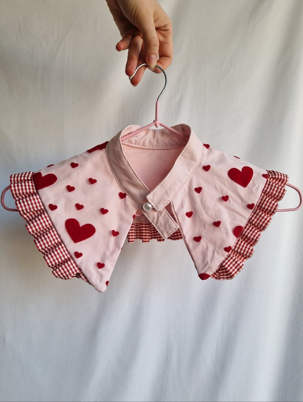 Pink Heart Print Detachable Collar with Red Gingham Ruffle